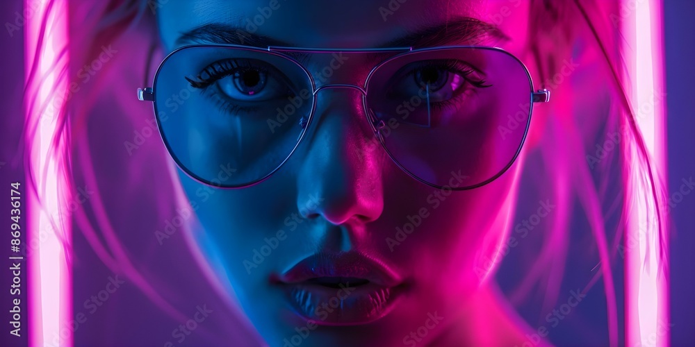 Digital art of stylish woman with cyberpunk glasses in neon lights background. Concept Digital Art, Cyberpunk Style, Neon Lights, Stylish Woman, Technology Integration Digital art of stylish woman with cyberpunk glasses in neon lights background. Concept Digital Art, Cyberpunk Style, Neon Lights, Stylish Woman, Technology Integration
