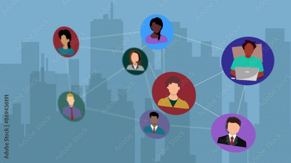 Communication, connectivity and icon for networking with profile thumbnail in city for networking. Cloud computing, data and future with graphic of user people on virtual urban town for global system