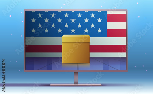 US presidential election voting ballot box on TV screen with American flag background modern design concept