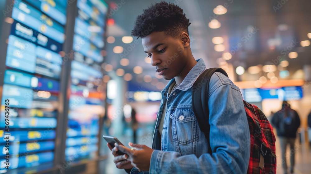 Young Man Using Smartphone in Busy Airport Terminal
