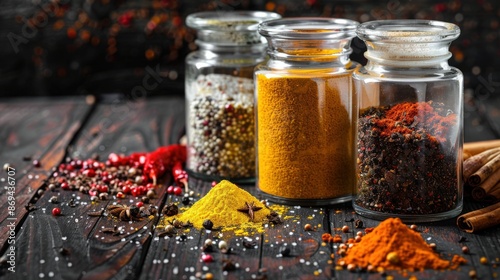 Fototapeta Naklejka Na Ścianę i Meble -  Elegant spice jar mock up with spices artistically arranged on a dark wooden table, the hyper detailed texture adding a touch of luxury