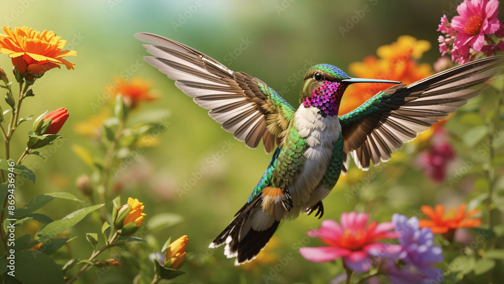 Fototapeta premium A hummingbird with green, white, and pink feathers is hovering near a bright pink flower. There are other flowers in the background.
