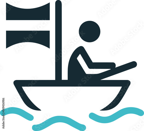 Vector icon of a person sailing in a small boat with flag on wavy water, symbolizing adventure, travel, and aquatic activities.