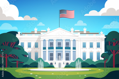 White House US presidential election American flag iconic building front view with garden trees blue sky clouds background