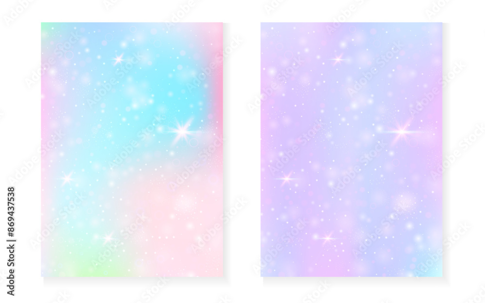 Unicorn background with kawaii magic gradient. Princess rainbow hologram. Holographic fairy set. Creative fantasy cover. Unicorn background with sparkles and stars for cute girl party invitation. Unicorn background with kawaii magic gradient. Princess rainbow hologram. Holographic fairy set. Creative fantasy cover. Unicorn background with sparkles and stars for cute girl party invitation.