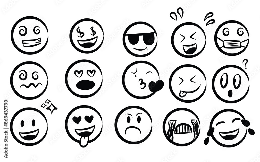 Hand Drawn doodle Emoji face icon set. Hand drawn sketch style. Emoji with different emotion mood happy sad smile face. Comic line art vector illustration Hand Drawn doodle Emoji face icon set. Hand drawn sketch style. Emoji with different emotion mood happy sad smile face. Comic line art vector illustration