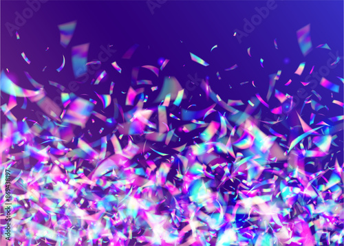 Hologram Effect. Falling Banner. Art Christmas Illustration. Purple Happy Ribbon. Glare Texture. Festive Background. Isolated Tinsel. Birthday Confetti. Blue Hologram Effect