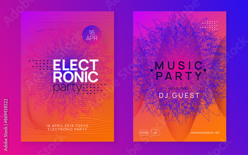 Discotheque Design. Edm Electro Graphic. Trance Cover. Night Club Banner. Violet Dj Poster. Blue Party Set. Soundwave Beat Illustration. Pink Discotheque Design