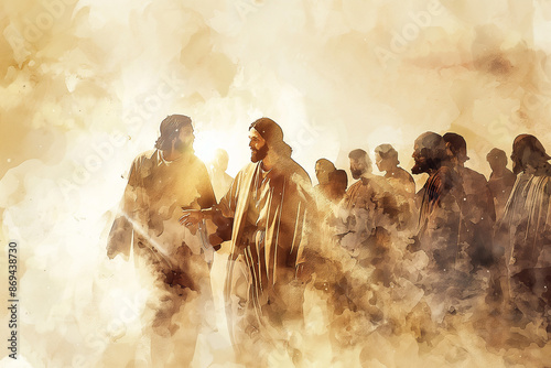 Jesus and twelve apostles, watercolor illustration photo