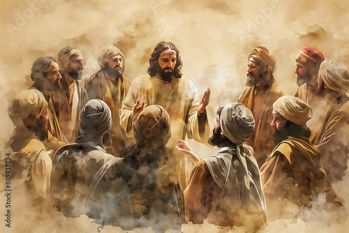 Jesus and twelve apostles, watercolor illustration