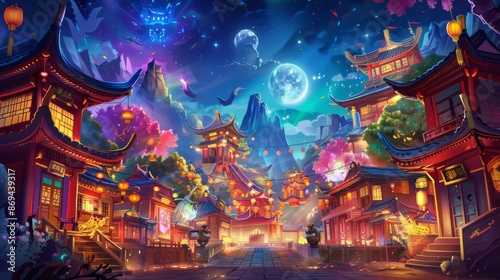 Chinese city street with buildings, red lanterns and fireworks in the sky at night. New year celebration in China or Japan, modern cartoon illustration. © Bundi
