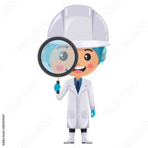 Quality control supervisor looking through a magnifying glass. Concept of food study and research. Food industry engineer. Chief food safety. Science, technology and safety in food production