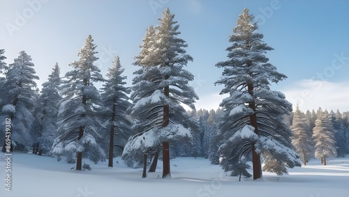 A snow-covered landscape with tall pine trees, the branches heavy with fresh snowfall under a clear winter sky. 