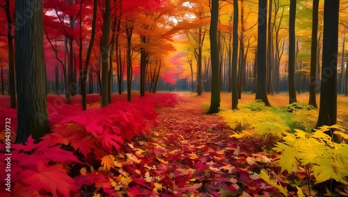 A vibrant autumn forest with leaves in shades of red, orange, and yellow, carpeting the forest floor. 