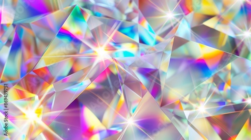 Rainbow prism light with flare effect background. Crystal glass overlay texture with diamond iridescent gradient. Holographic disco camera transparent pattern.