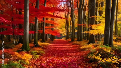A vibrant autumn forest with leaves in shades of red, orange, and yellow, carpeting the forest floor. 
