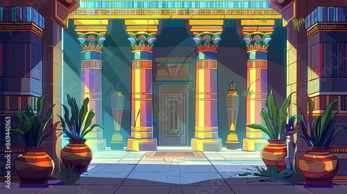 Cartoon illustration of ancient throne room in Egyptian palace. Palm leaves in antique vases, stone guard statues, and hieroglyphs on walls. Interior of an ancient temple with stone walls decorated