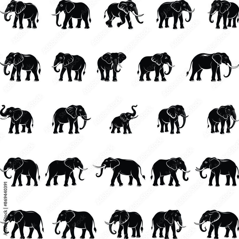 Fototapeta premium A collection of high-quality elephant silhouettes perfect for digital and print projects. Includes detailed and simplified designs in various poses. Clean file structure with minimal layers.