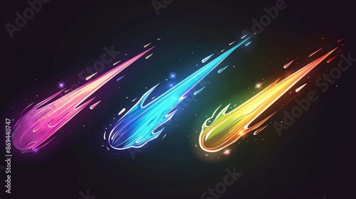 Falling meteors with speed trails. Modern cartoon illustration of meteor, asteroid or star flying down with colorful sparkling tail. Meteorite shower.
