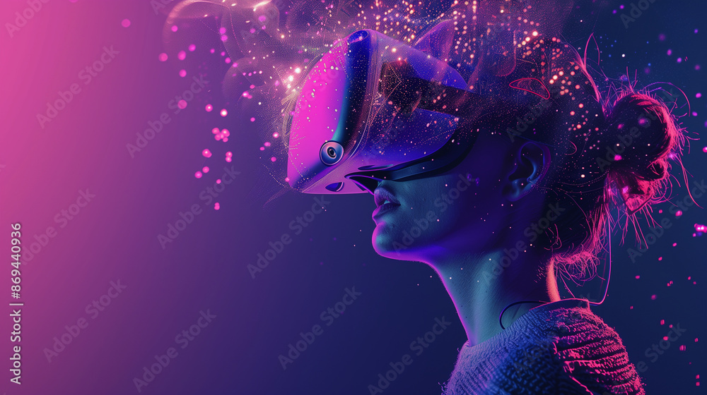 Woman Experiencing Virtual Reality with Vibrant Effects Woman Experiencing Virtual Reality with Vibrant Effects