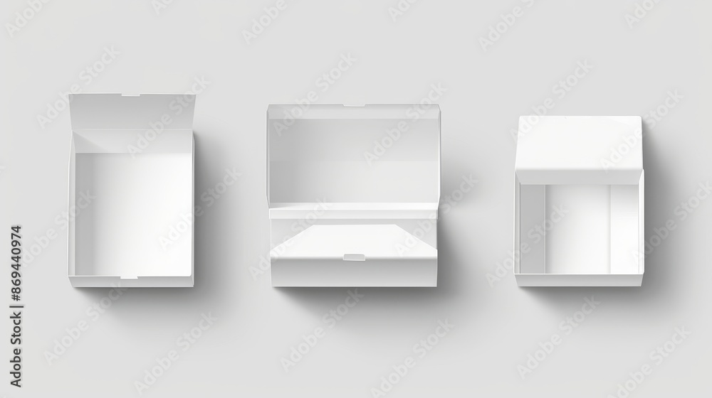 A white open and closed cardboard box mockup. A realistic illustration set of blank rectangular cartons for gifts or delivery concepts. Empty paper pack template for branding and presentations. A white open and closed cardboard box mockup. A realistic illustration set of blank rectangular cartons for gifts or delivery concepts. Empty paper pack template for branding and presentations.