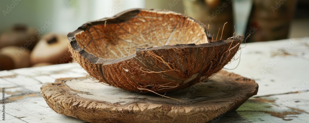 A coconut shell is sitting on a wooden table. The shell is cracked and has a rough texture. The table is clean and uncluttered.