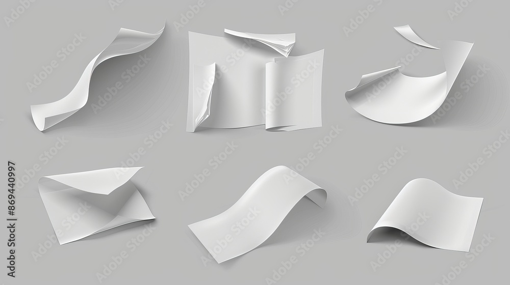 Various angles of a flying paper sheet. Realistic 3D rendering and mockup set of curve white blank pages. Various angles of a flying paper sheet. Realistic 3D rendering and mockup set of curve white blank pages.