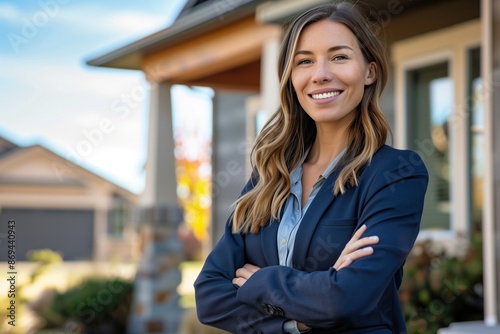 Confident real estate agent, beautiful woman stands proudly outside a modern home.