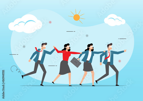 Businesspeople blindfold follow leader