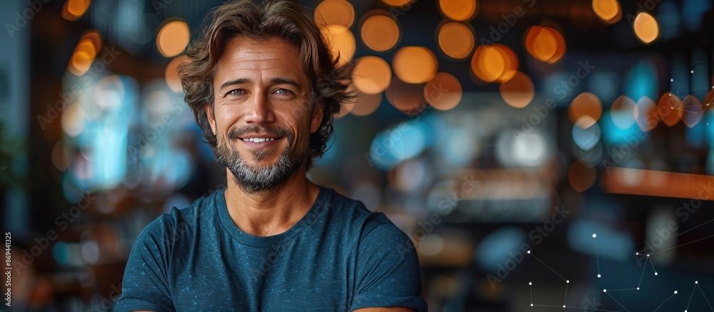 Obraz premium Smiling Man in a Blue Shirt, Blurry Background with Lights