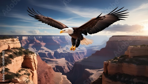 A majestic eagle soaring above a canyon, with the vast landscape of rocky formations and deep valleys below. 