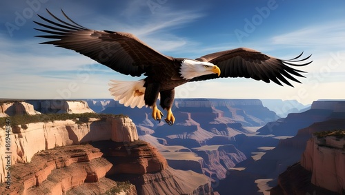 A majestic eagle soaring above a canyon, with the vast landscape of rocky formations and deep valleys below. 