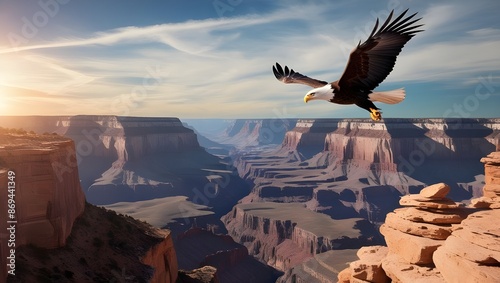 A majestic eagle soaring above a canyon, with the vast landscape of rocky formations and deep valleys below. 