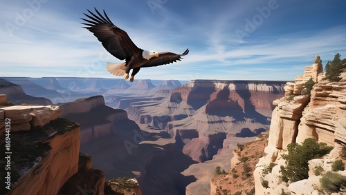 A majestic eagle soaring above a canyon, with the vast landscape of rocky formations and deep valleys below. 