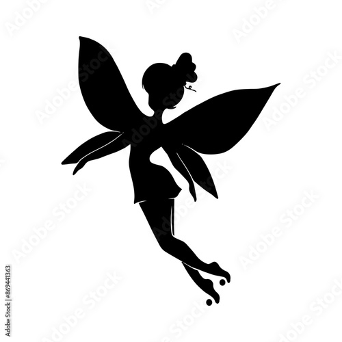Silhouette of a fairy on a white background. Cute Fairy art. Beautiful Fairies silhouette illustration, Little fairies silhouette. Hand drawn vector illustration