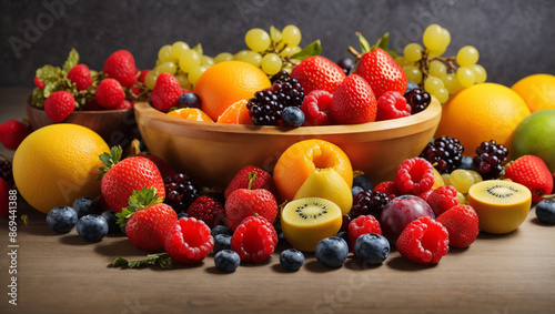 The image shows a large variety of fresh fruit, including red apples, yellow pears, green grapes, red raspberries, blackberries, and some other fruits