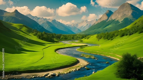 A lush green valley with a river meandering through it, surrounded by towering mountains. 