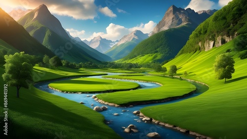 A lush green valley with a river meandering through it, surrounded by towering mountains. 