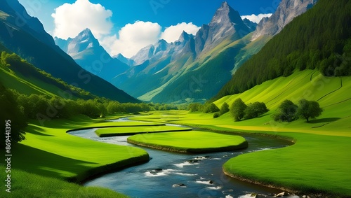 A lush green valley with a river meandering through it, surrounded by towering mountains. 