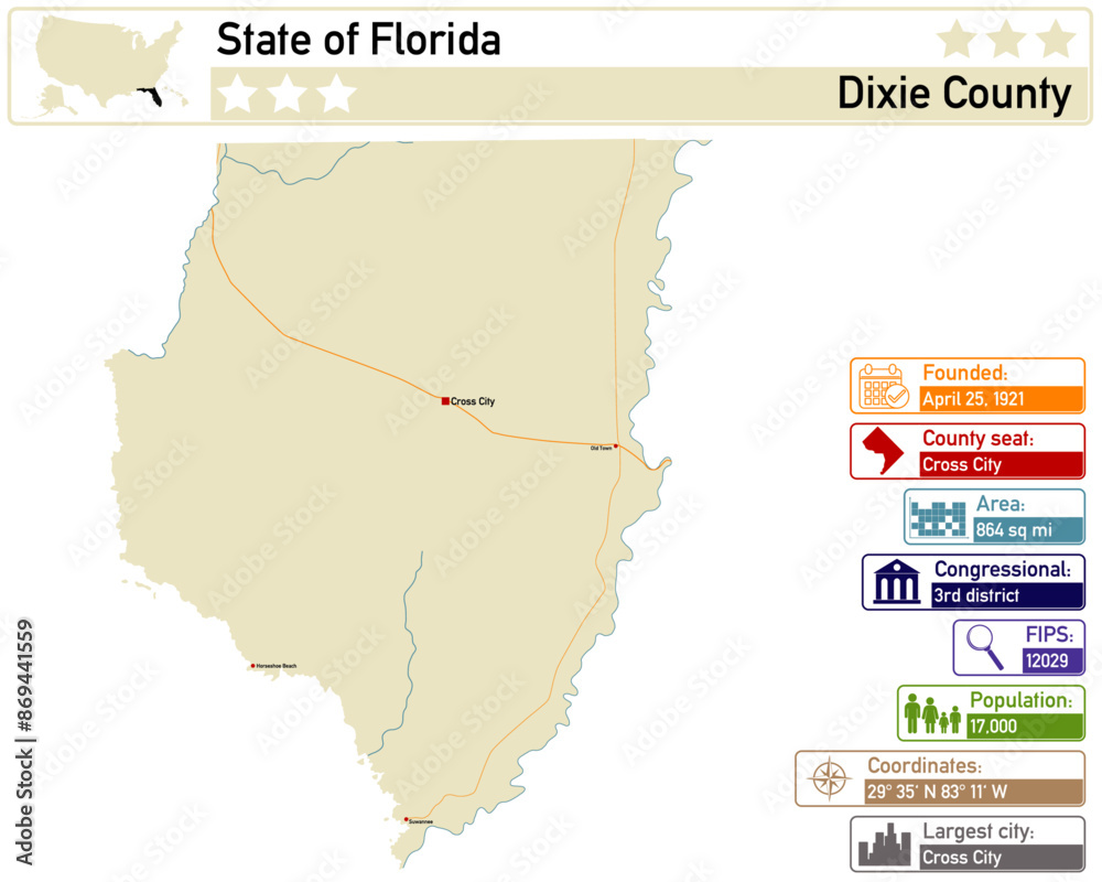 Obraz premium Detailed infographic and map of Dixie County in Florida USA.
