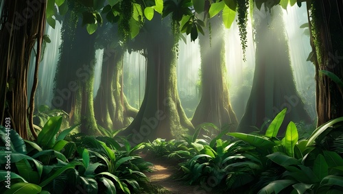 A dense tropical rainforest with a canopy of green leaves, sunlight filtering through and illuminating the forest floor. 