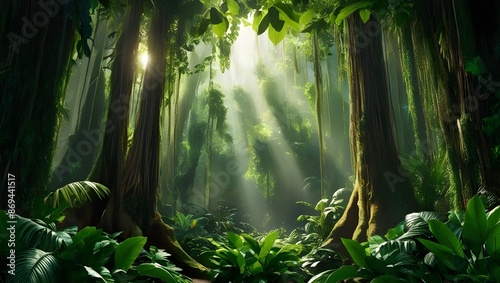 A dense tropical rainforest with a canopy of green leaves, sunlight filtering through and illuminating the forest floor. 