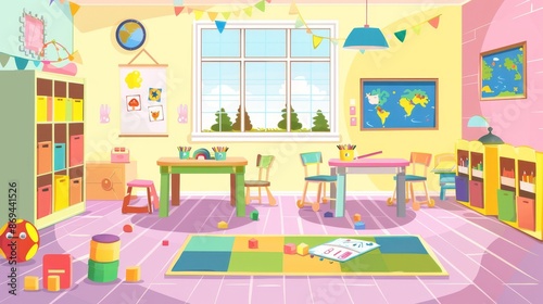 Cartoon illustration of a kindergarten classroom with a large window, pictures on the wall, painting brushes and pencils on the table, cute chairs for the kids, and books on the shelves © Bundi