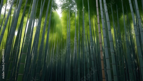 A dense bamboo forest with tall, slender bamboo stalks reaching up to the sky. 