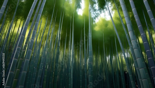 A dense bamboo forest with tall, slender bamboo stalks reaching up to the sky. 