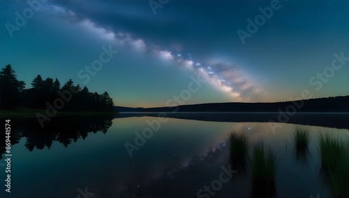 A clear night sky over a quiet lake, with the Milky Way and countless stars reflecting in the still water. 