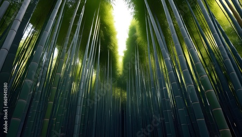A dense bamboo forest with tall, slender bamboo stalks reaching up to the sky. 