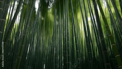 A dense bamboo forest with tall, slender bamboo stalks reaching up to the sky. 