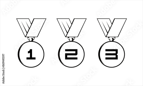 Golden, silver, bronze medals black icon. Award, winner, recognition symbol isolated on white background. First, second and third place. Competition. For: illustration, logo, site. Vector EPS 10.
