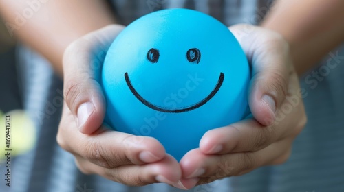 The hands of a child holding a blue smiley face are holding the blue smiley face. Mental health recovery to happiness is based on positive thinking and growth mindset.